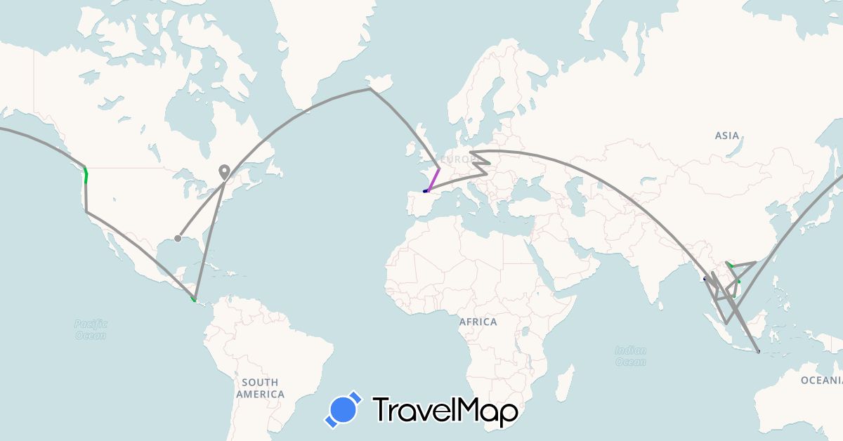 TravelMap itinerary: driving, bus, plane, cycling, train, hiking, boat, motorbike in Canada, Costa Rica, Czech Republic, Germany, Spain, France, Hong Kong, Hungary, Indonesia, Iceland, Cambodia, Myanmar (Burma), Poland, Singapore, Thailand, United States, Vietnam (Asia, Europe, North America)